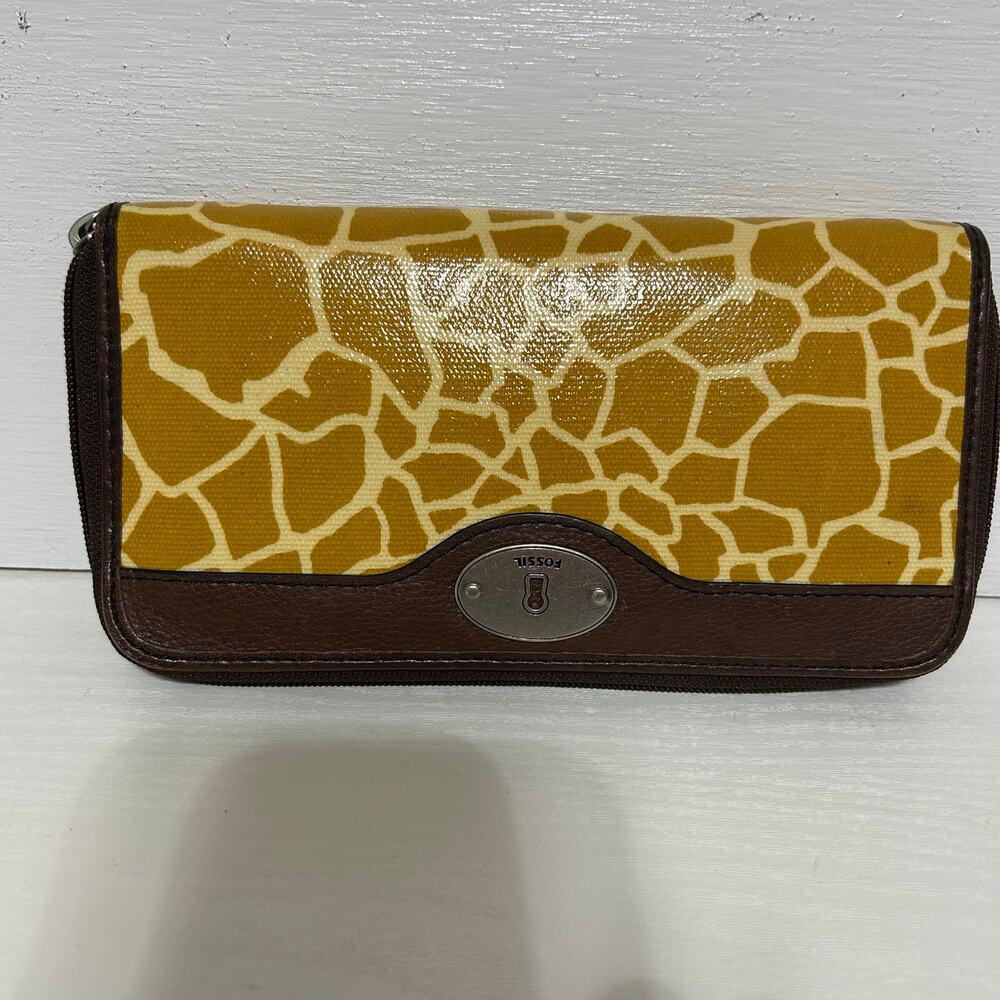 Vintage Fossil Key-Per Giraffe Print Zip Clutch Wallet